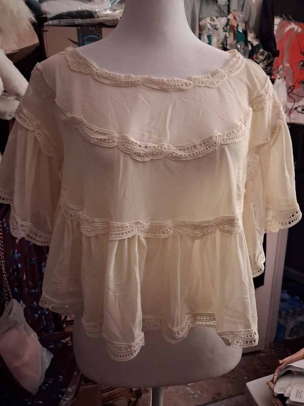 New Sheer Mesh Poncho Coverup Top Lace-Trim Flutter Sleeve - Cream